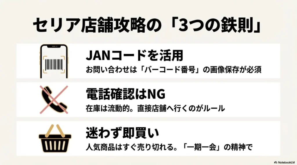 バーコード番号の画像保存、電話確認NG、在庫は流動的なので即買い推奨というセリア店舗攻略ルール