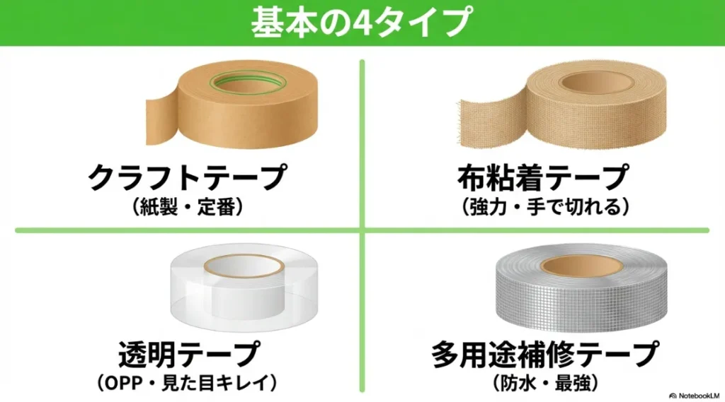 セリアのガムテープ基本4種(クラフト、布、透明OPP、多用途補修)の比較