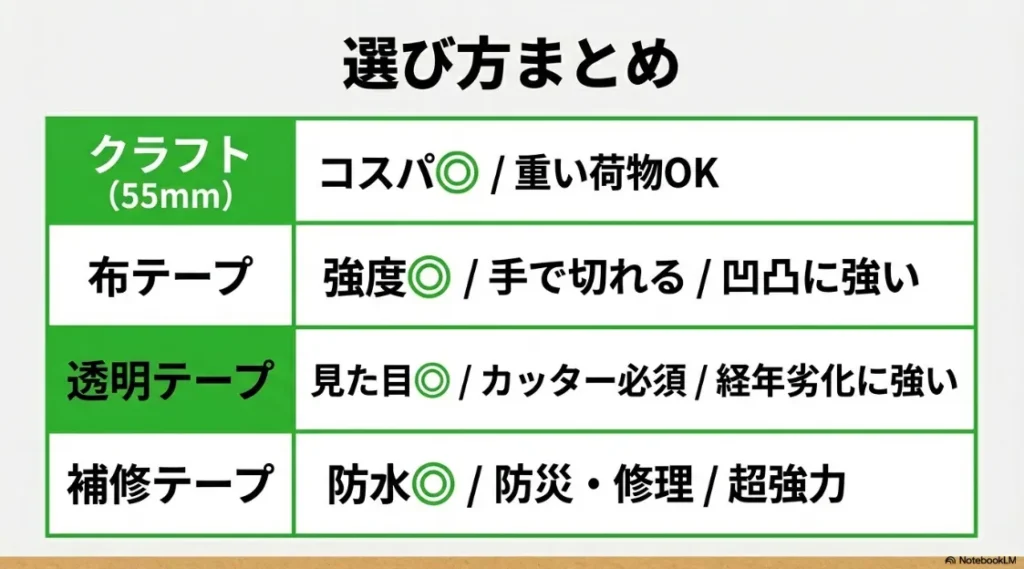 用途別(クラフト、布、透明、補修)のセリアテープ選び方まとめ表