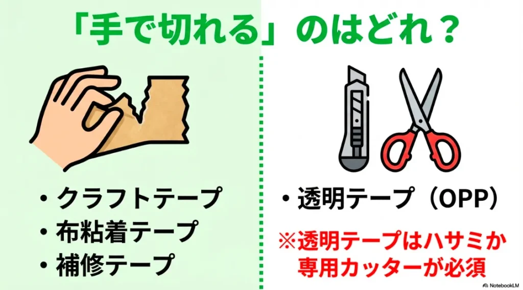 セリアのテープで手で切れるもの(クラフト、布、補修)とカッター必須(透明)の分類