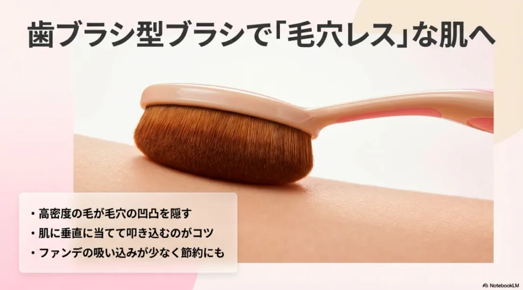 肌に垂直に当てて叩き込むことで毛穴の凹凸を隠す、セリアの歯ブラシ型ブラシの使い方