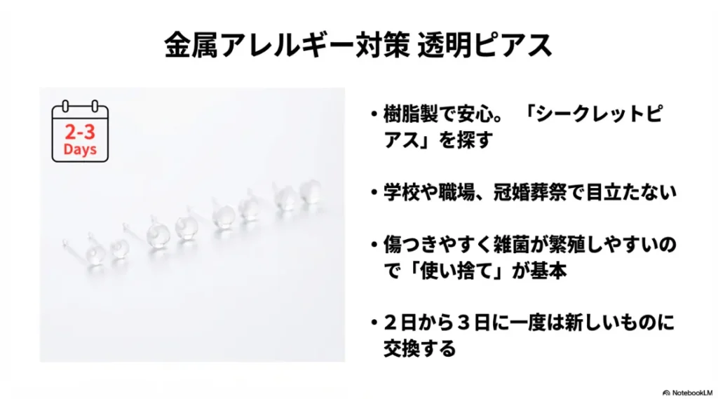 樹脂製のシークレットピアスの特徴と、2〜3日での交換を推奨する注意点のスライド