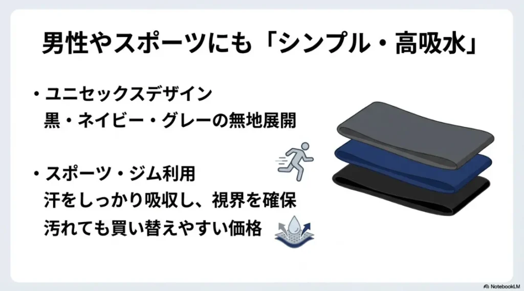 黒・ネイビー等の無地展開で、汗を吸収し視界を確保するユニセックスなヘアバンド