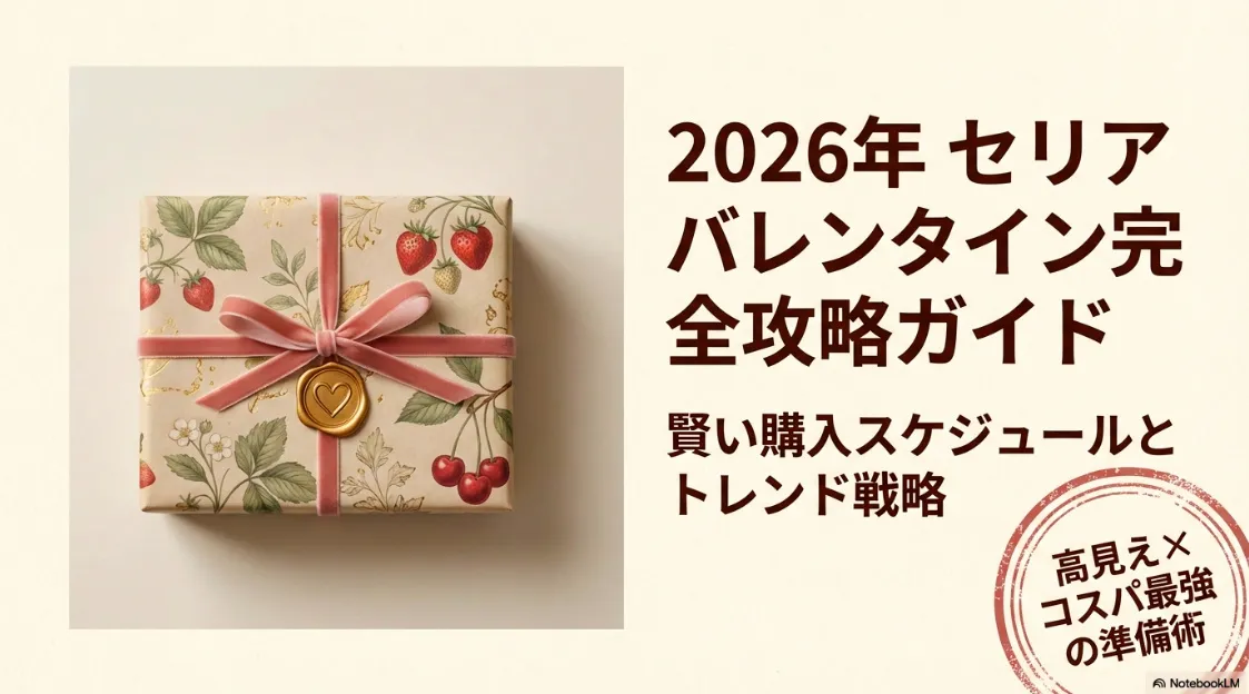 2026年セリアのバレンタイン完全攻略ガイドの表紙。イチゴとチェリー柄のヴィンテージ風ラッピングが特徴です