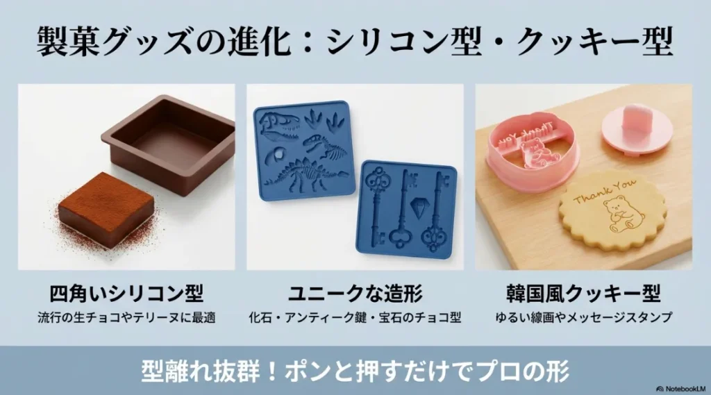 四角いシリコン型や韓国風の線画クッキー型など、プロのような形に仕上がる最新の製菓道具