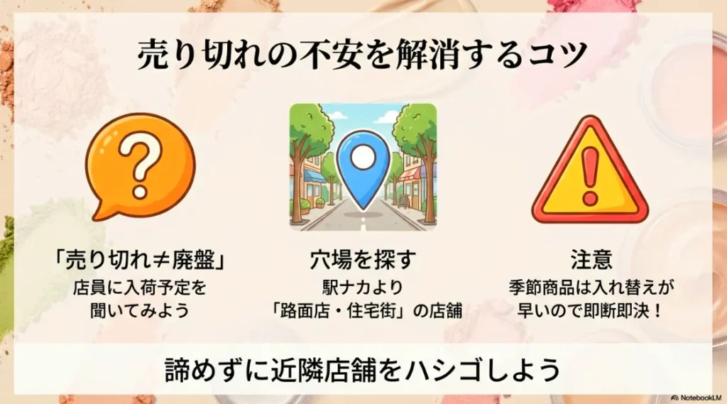 駅ナカより路面店・住宅街の店舗を狙うコツや、店員への入荷予定確認についてのアドバイス