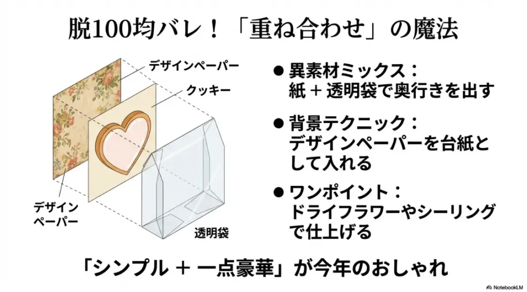 デザインペーパー、クッキー、透明袋を重ねて奥行きを出す「異素材ミックス」のテクニック解説図