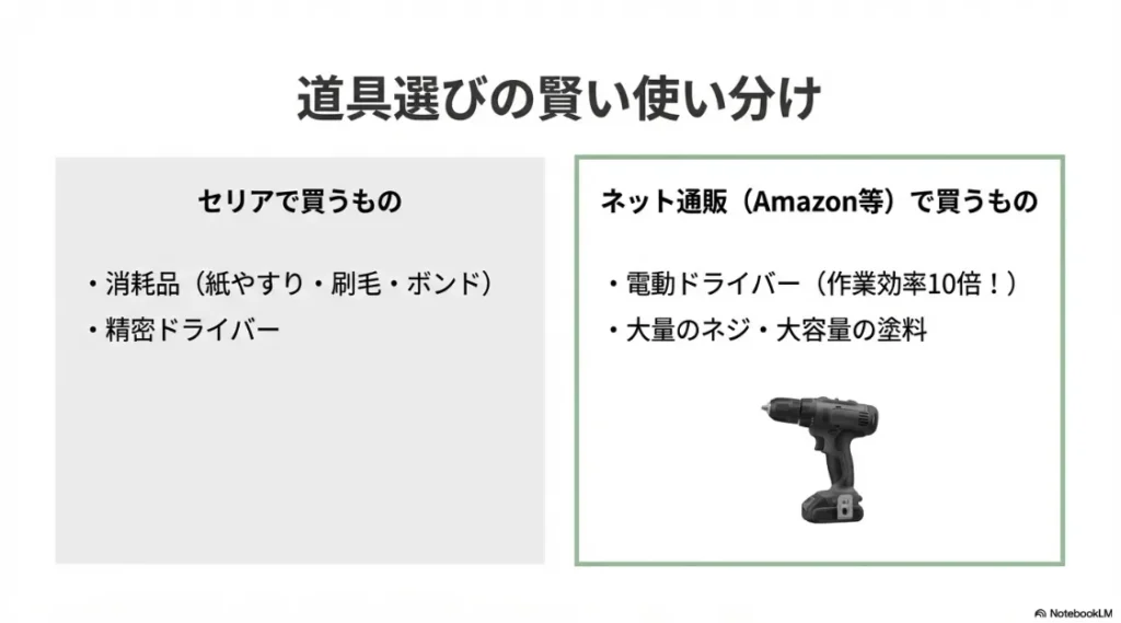 消耗品はセリア、作業効率を上げる電動ドライバーや大量のネジはネット通販で選ぶ賢い使い分けの図解