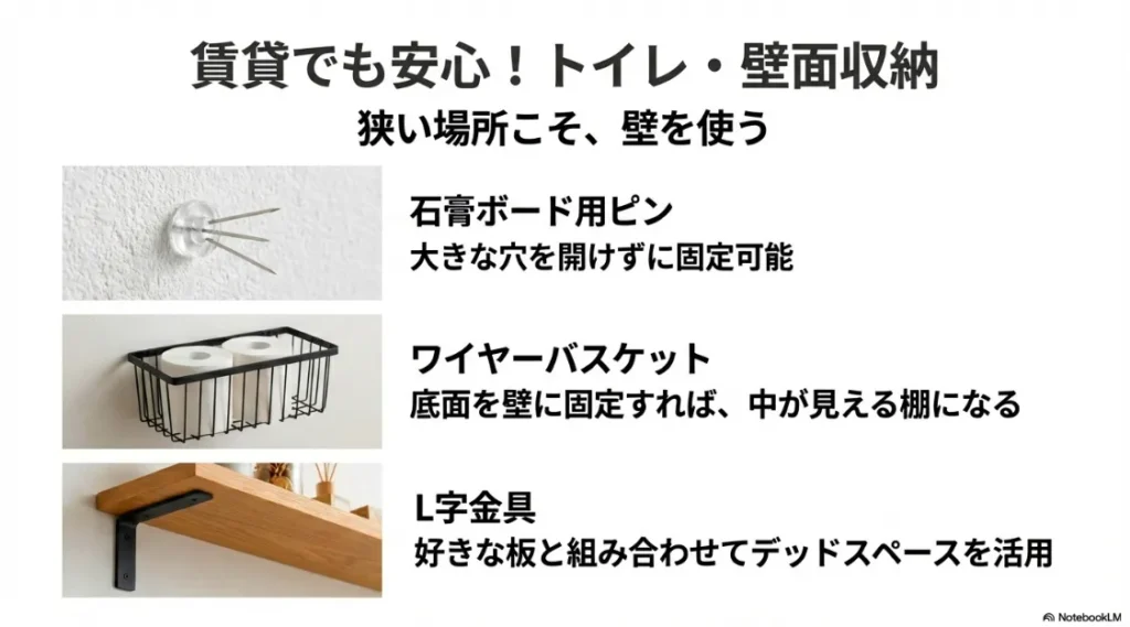 石膏ボード用ピン、ワイヤーバスケット、L字金具を組み合わせたトイレや壁面の収納活用イメージ