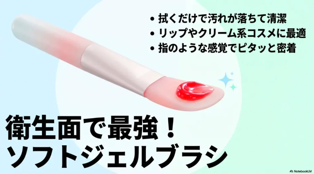 拭くだけで汚れが落ちて清潔なソフトジェルブラシ。リップやクリーム系コスメに最適