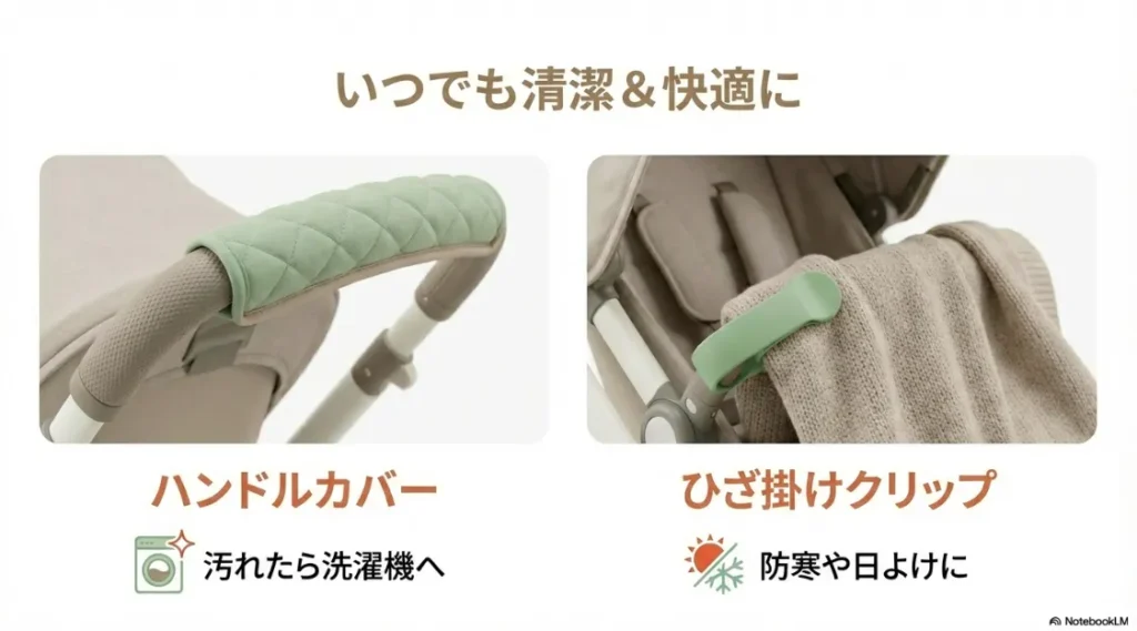 衛生的なハンドルカバーと、防寒・日よけに便利なひざ掛けクリップの活用イメージ