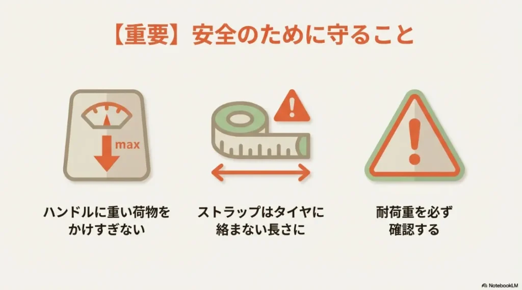 荷重制限の厳守、ストラップの巻き込み注意、耐荷重の確認を促す安全注意スライド