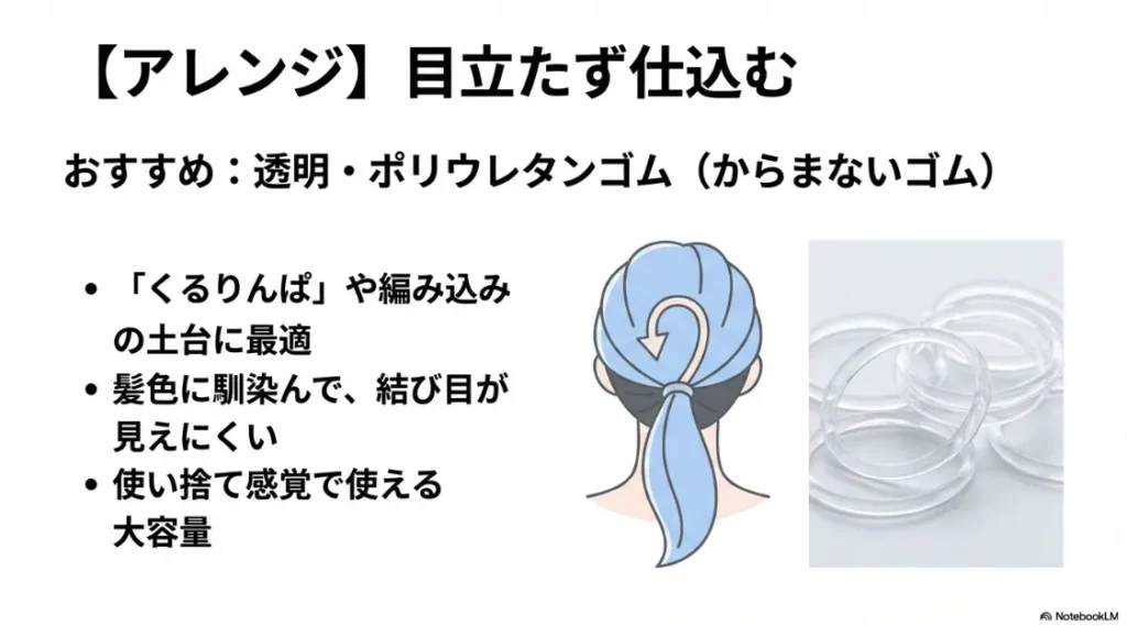 くるりんぱのやり方イラストと、髪色に馴染んで結び目が見えにくいポリウレタンゴム