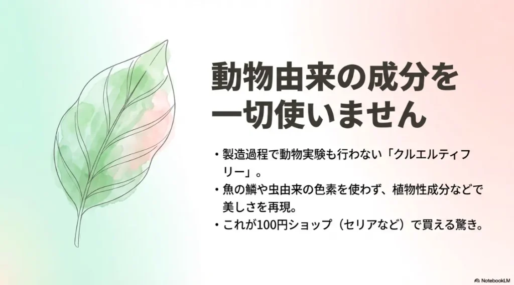 植物のイラストと共に、動物由来成分を一切使わず、製造過程で動物実験も行わない「クルエルティフリー」を説明するスライド