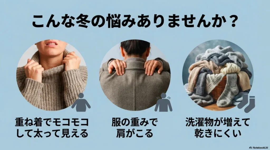 重ね着で太って見える、肩がこる、洗濯物が乾きにくいといった冬の悩みの要約
