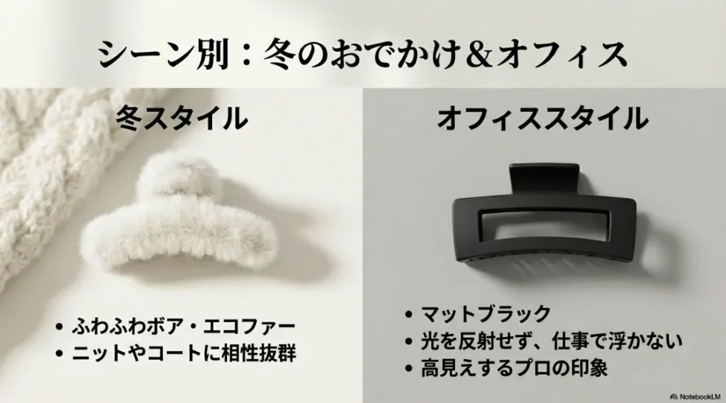 冬のボア素材やオフィスで浮かないマットブラックなど、シーンに合わせたヘアクリップの使い分け
