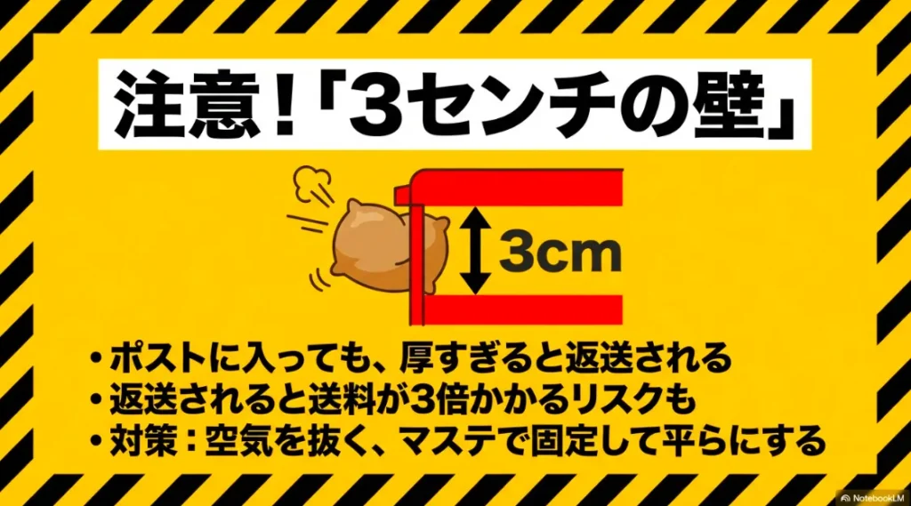 厚すぎると返送され送料が3倍かかるリスクがあること。対策として空気を抜く、マステで固定して平らにする方法を解説