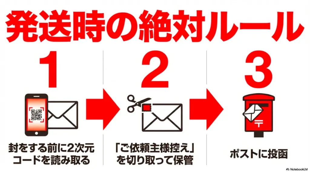 封をする前に2次元コードを読み取り、控えを切り取って保管してからポストへ投函する手順の説明