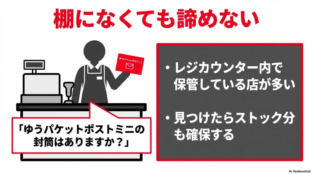 店員に「ゆうパケットポストminiの封筒はありますか？」と尋ねるイラスト。棚になくてもレジ内で保管されているケースが多いことを説明