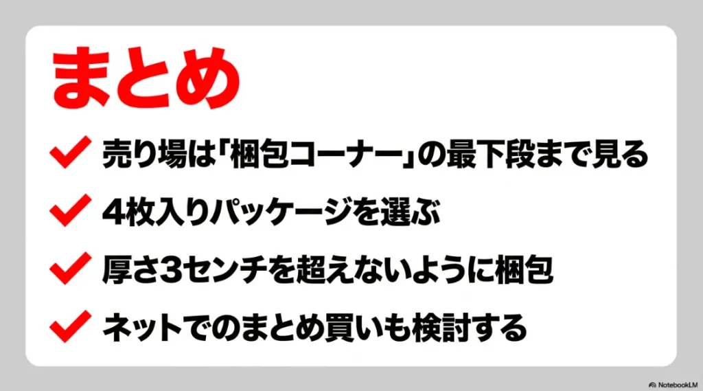 売り場の確認、4枚入り選択、厚さ3センチ死守、ネット通販の検討という4つの重要ポイントのまとめ