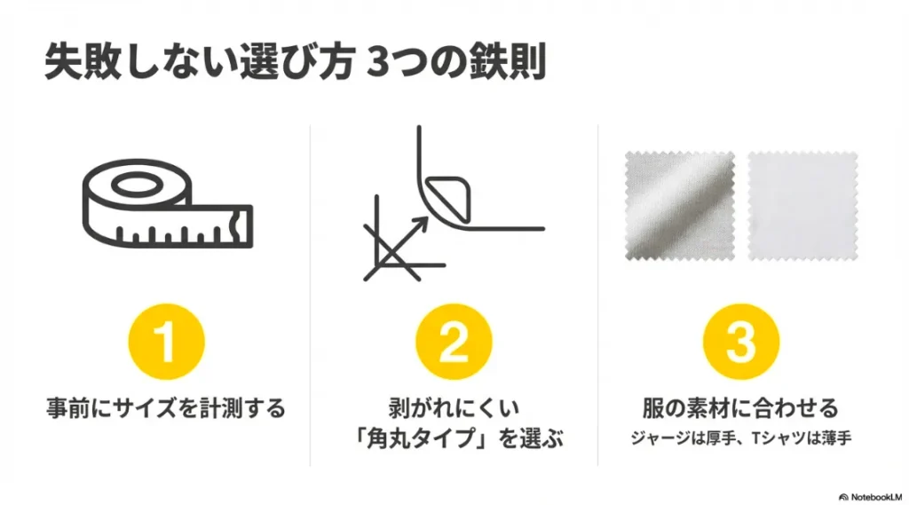 サイズ計測、角丸タイプ選択、服の素材（ジャージ・Tシャツ）に合わせるポイントの解説