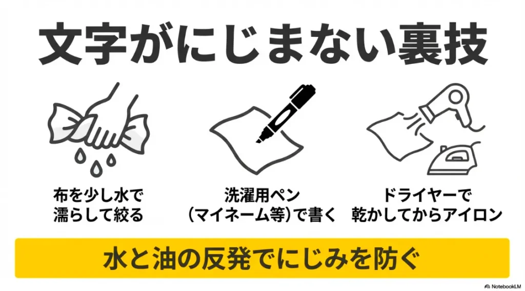 布を濡らして書き、ドライヤーで乾かしてからアイロンをかける手順
