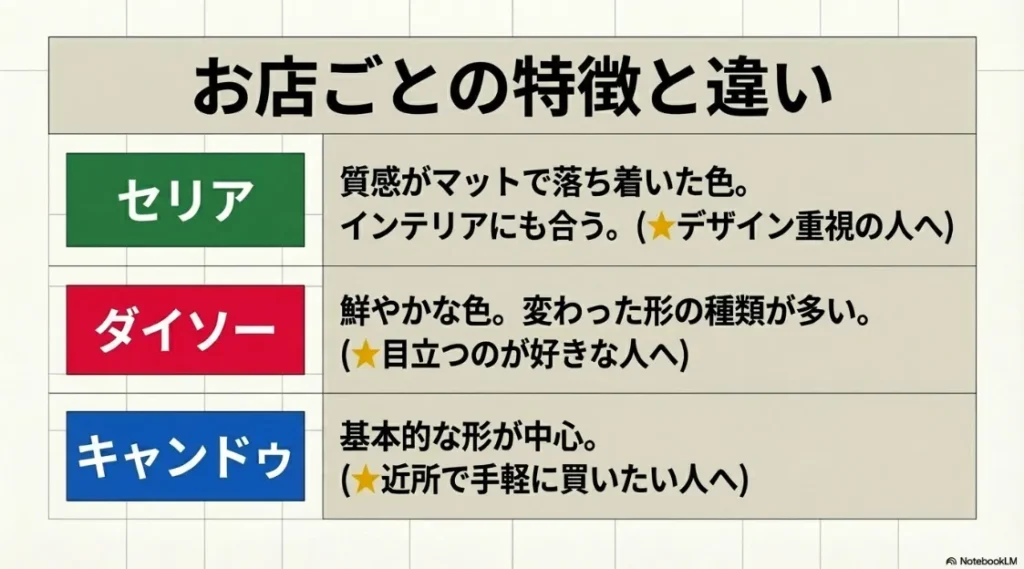 デザイン重視のセリア、種類豊富なダイソー、ベーシックなキャンドゥの特徴まとめ