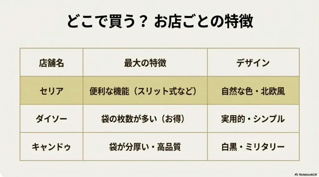 セリア、ダイソー、キャンドゥの3店舗におけるデザインや機能、袋の枚数などの特徴比較表