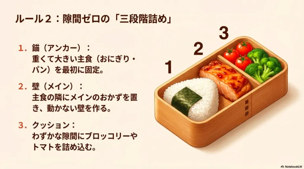 1.アンカー（主食）、2.壁（メイン）、3.クッション（副菜）の順で隙間なく詰める図解