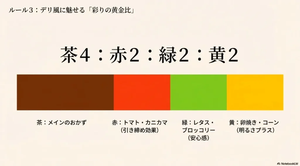 茶色のおかずに赤・緑・黄を4:2:2:2の比率で配置し、食欲を増進させ華やかに見せるテクニック