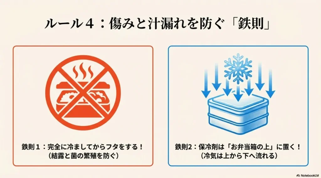 完全に冷ましてからフタをすること、保冷剤は冷気が下りるようにお弁当の上に置くことの2箇条