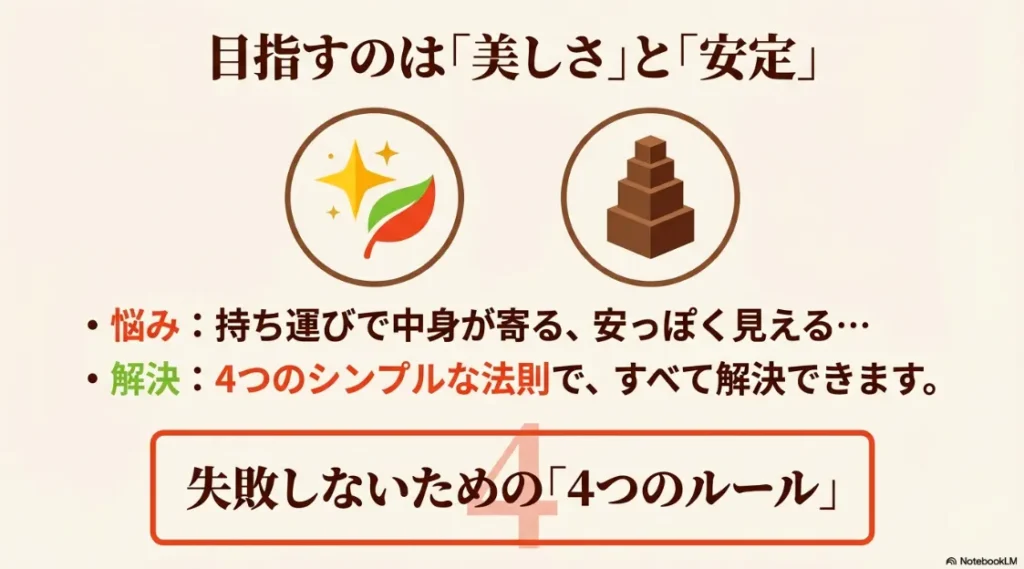 持ち運びで中身が寄る、安っぽく見える等の悩みを解決する4つのシンプルな法則の概要