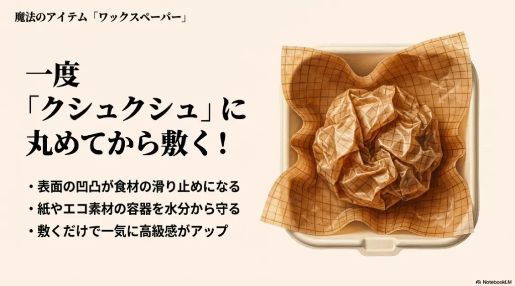 ワックスペーパーを一度クシュクシュに丸めてから敷くことで、滑り止めと防水効果、高級感を出す裏技