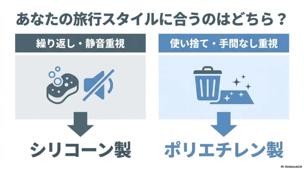 静音重視のシリコーン製と、手間なし重視のポリエチレン製の選び方比較表