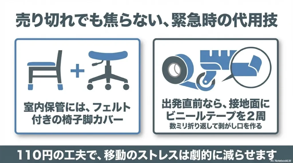 室内保管用の椅子脚カバー活用と、緊急時のビニールテープによる保護テクニック