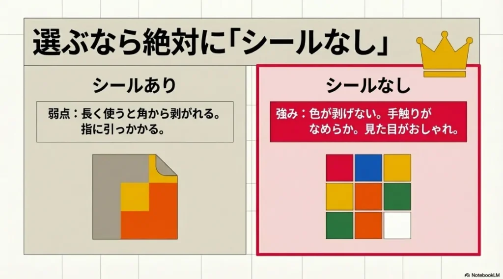 長く使うと剥がれるシールありタイプと、色が剥げず滑らかなシールなしタイプの比較