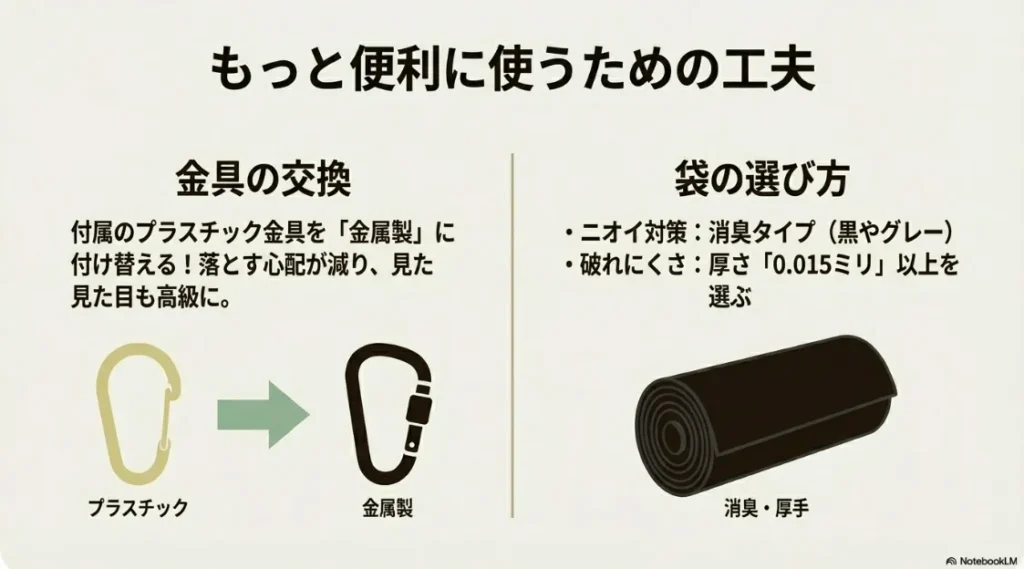 金属製金具への交換と、消臭タイプや厚み(0.015ミリ以上)を重視した袋選びのポイント