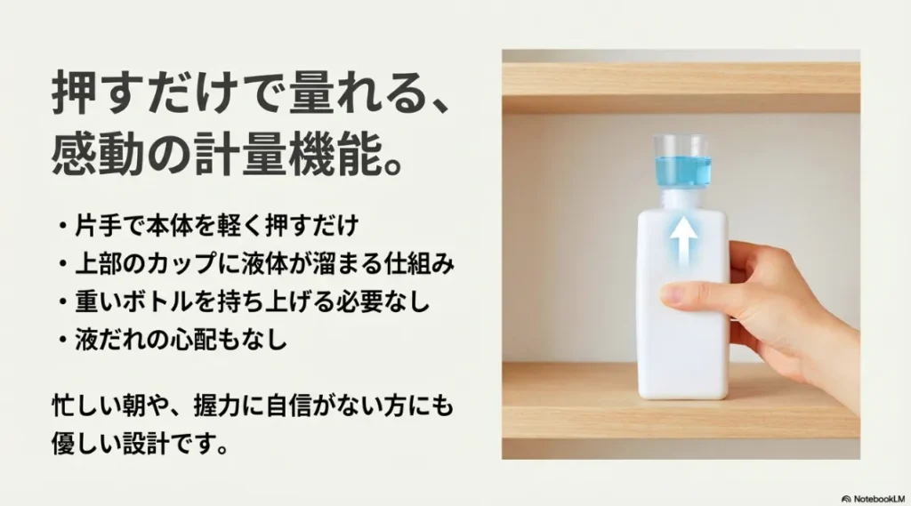 片手で本体を軽く押すだけで上部のカップに液体が溜まる、計量機能付きボトルの設計