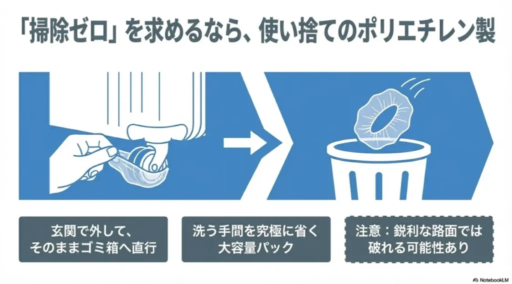 玄関で外してそのままゴミ箱へ捨てられる、掃除の手間を省くポリエチレン製カバー