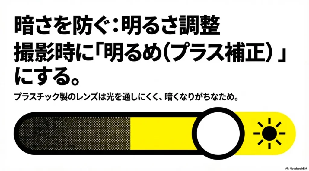 プラスチックレンズの暗さを防ぐために撮影時にプラス補正で明るくする手順の解説