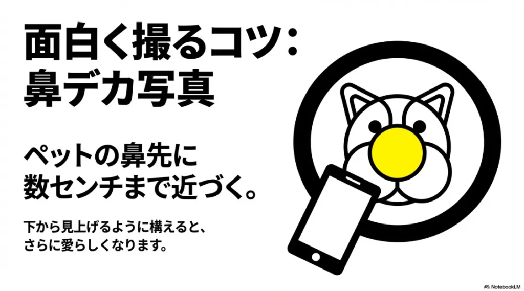 ペットの鼻先に数センチまで近づき下から見上げるように撮る愛らしい写真のコツ