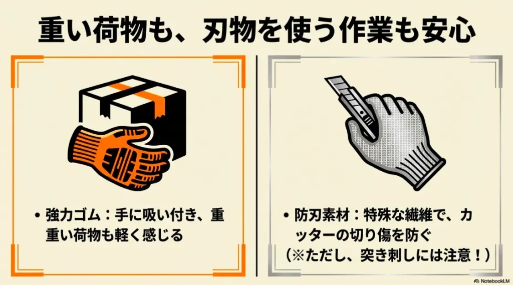 滑り止めゴムで重い荷物を支える手袋と、カッターの切り傷を防ぐ特殊繊維の防刃手袋