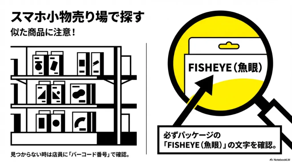 スマホ小物売り場でパッケージのFISHEYE文字とバーコード番号を確認する方法の解説
