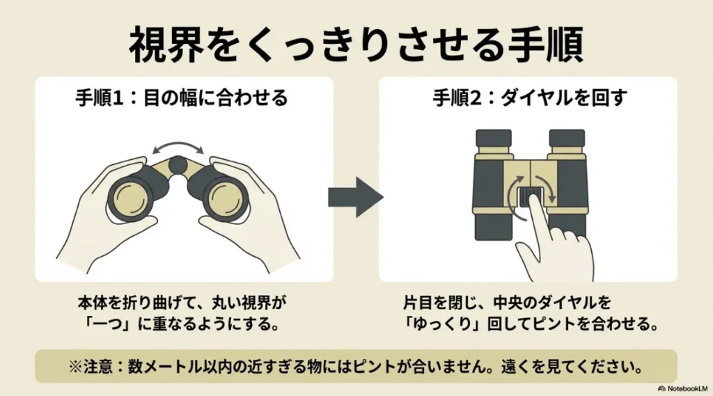 目の幅を合わせ中央のダイヤルをゆっくり回してピントを調節する手順と注意点