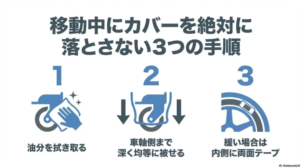 油分を拭き取り、深く被せ、必要に応じて両面テープで固定する3つの手順