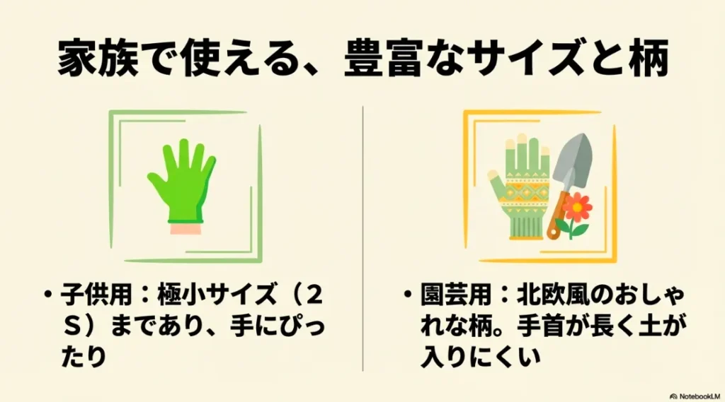 2Sサイズの子供用軍手と、手首が長く土が入りにくい北欧風デザインの園芸用手袋