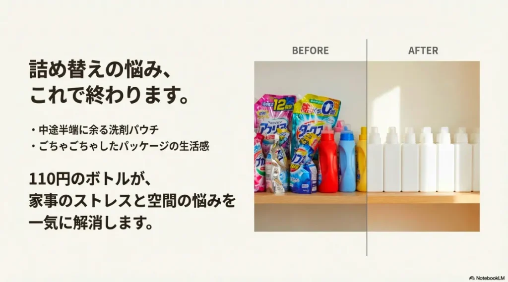 洗剤パウチの生活感を解消する、詰め替え前（BEFORE）と詰め替え後（AFTER）の比較画像