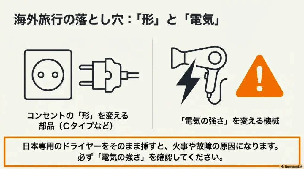コンセントの形状を変えるプラグと、電圧を変える変圧器の違いについて注意喚起するスライド