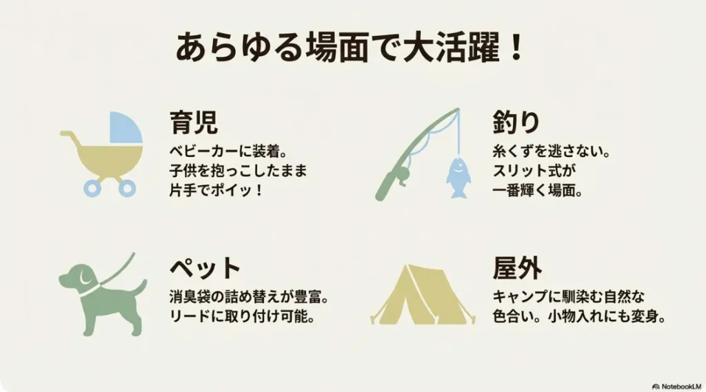 育児(ベビーカー)、釣り、ペット(散歩)、キャンプの4つの活用シーンをまとめたイラスト