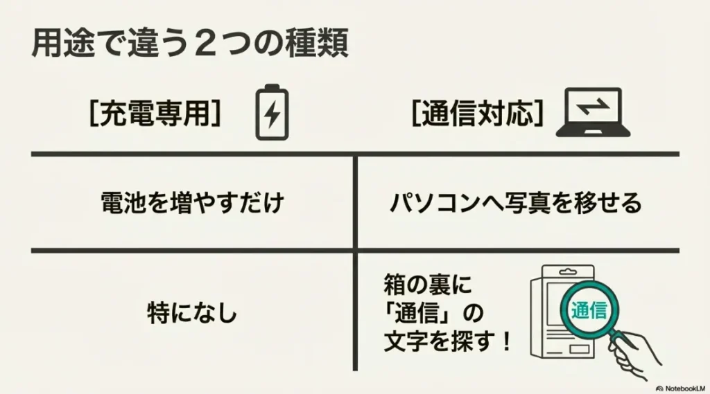変換プラグの「充電専用」と「通信対応」の機能の違いと、パッケージでの確認方法を解説するスライド